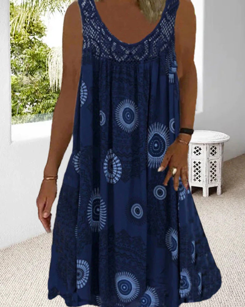 Damen Sommerkleid mit O-Ausschnitt und ärmellosem Aufdruck