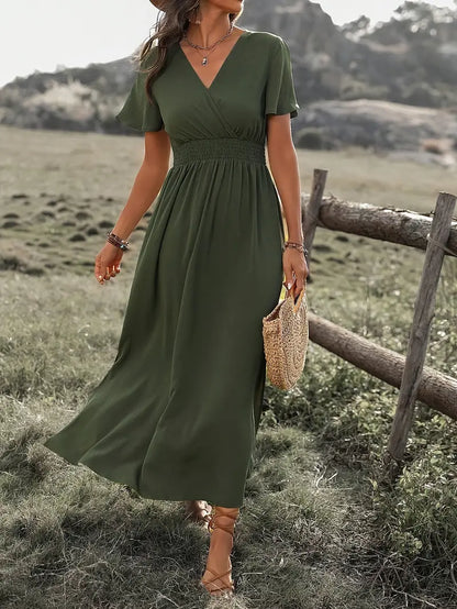 Olivia – einfarbiges, seitlich geschlitztes kurzarmkleid für frühling und sommer